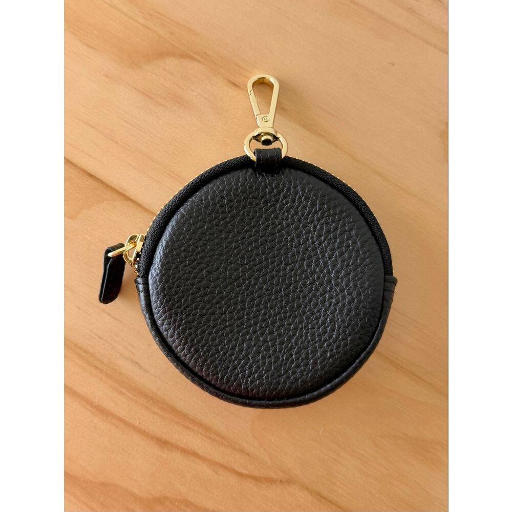 NEW Bandolier Mini Round Pouch Black Leather Gold Tone Hardware Bag Charm Flair - Picture 2 of 8